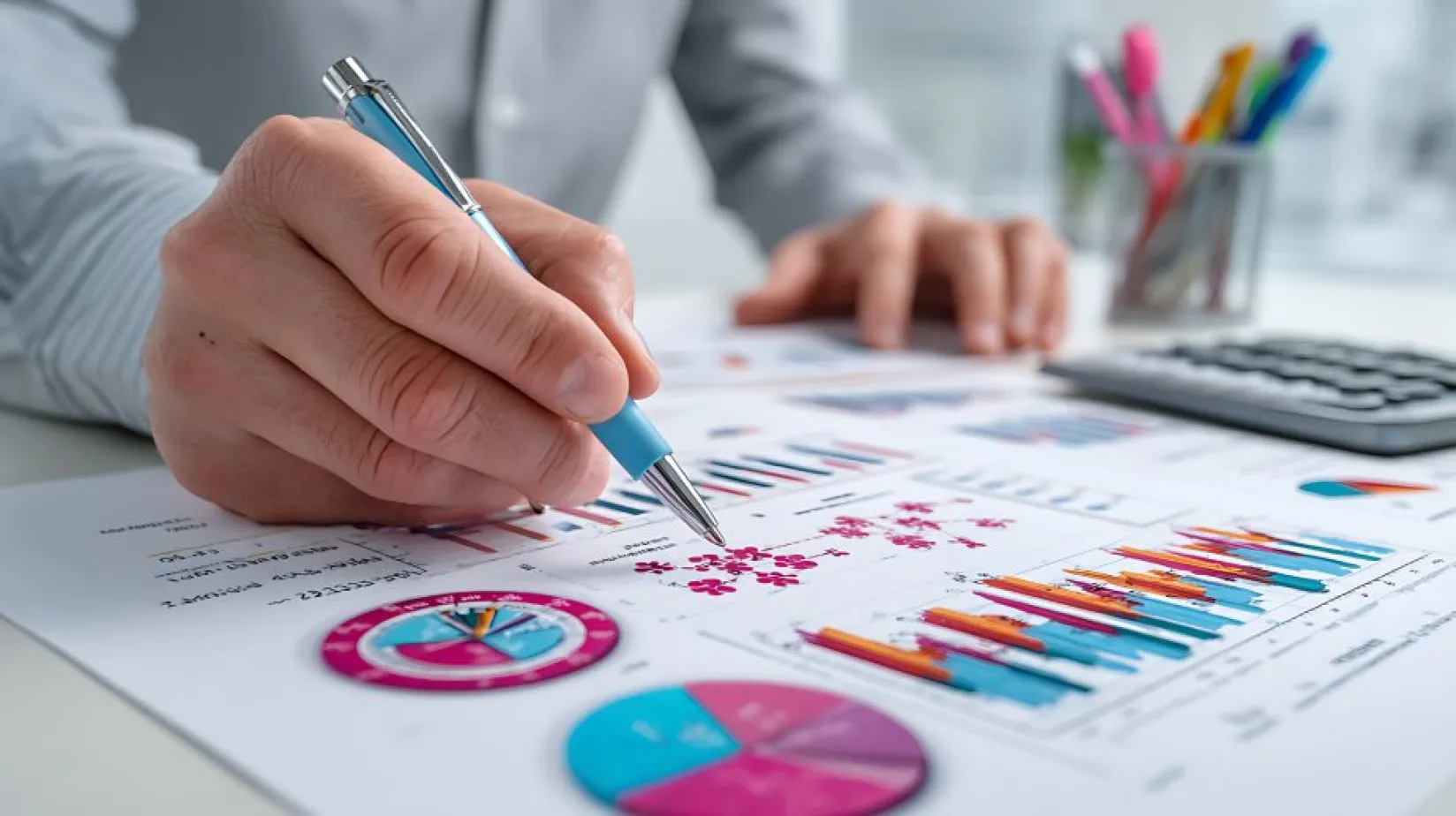 Mano de un hombre señalando una grafica.